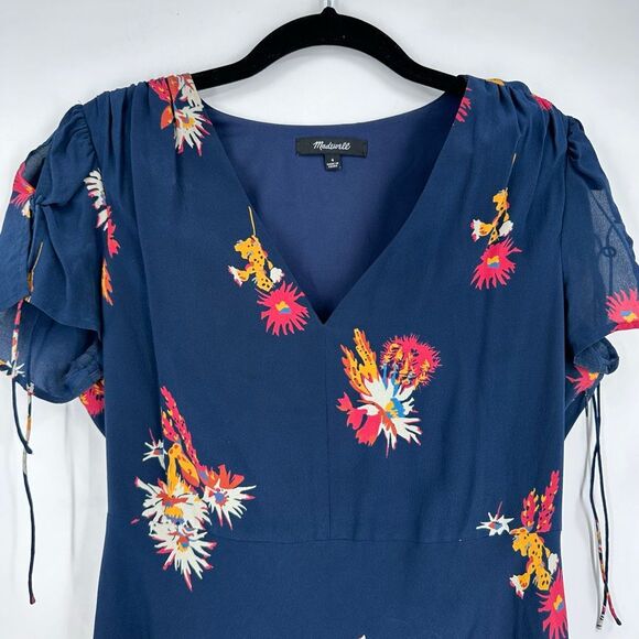 Madewell Silk Poppy A-Line Cactus Flower Floral Dress Navy Blue Size 4 Feminine - Picture 5 of 13